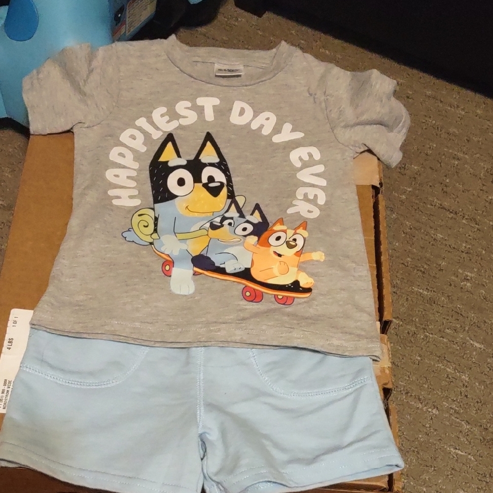 Gray Graphic T-Shirt and Light Blue Shorts Set